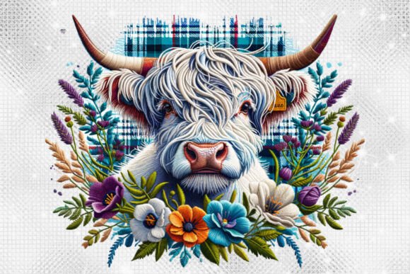 Faux Embroidered Highland Cow PNG: Scottish Charm